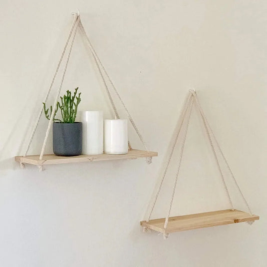 🌿 Wooden Rope Swing Shelves – Modern Nordic Charm